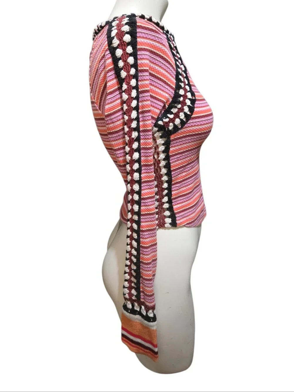 Free People XS Striped Crochet Trim Sweater Top Pink Orange Boho Long Sleeve